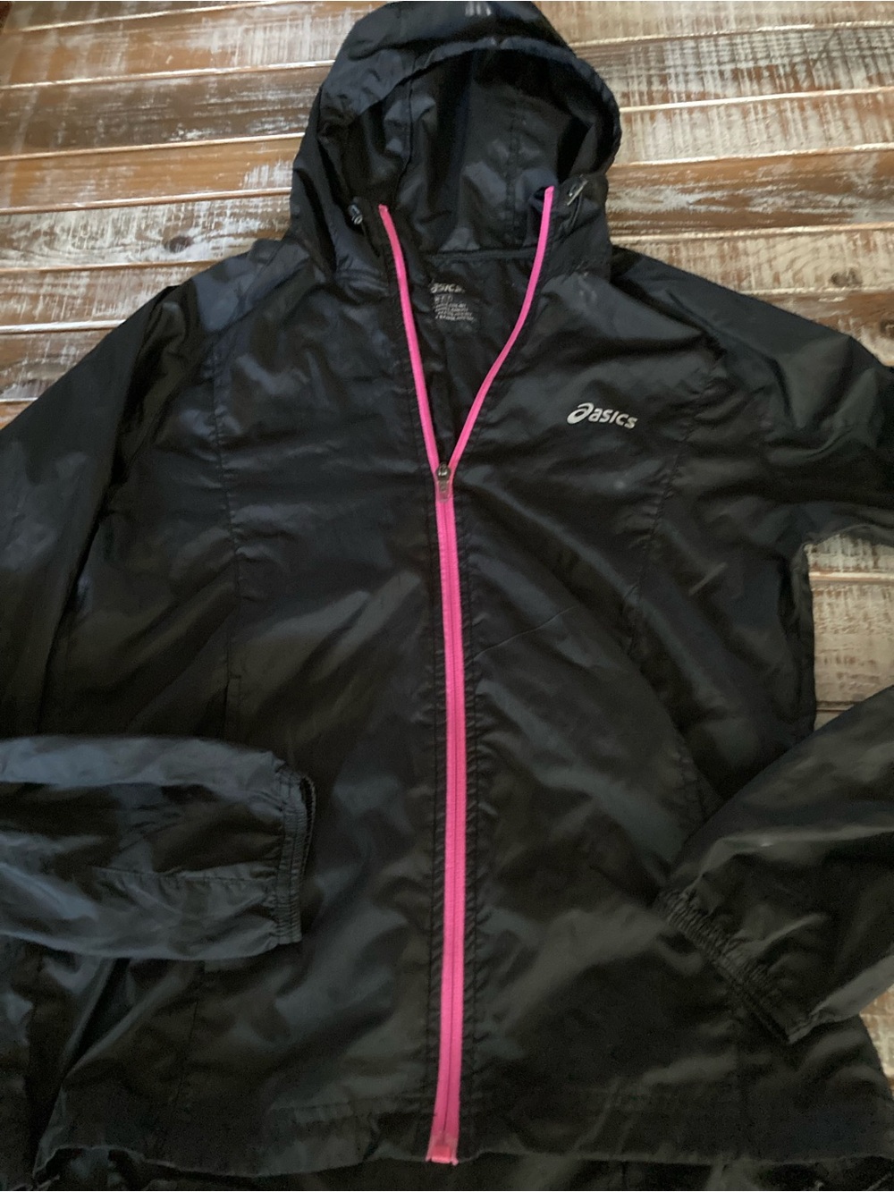 Asics Black Hooded Jacket with Pink Zip Trim